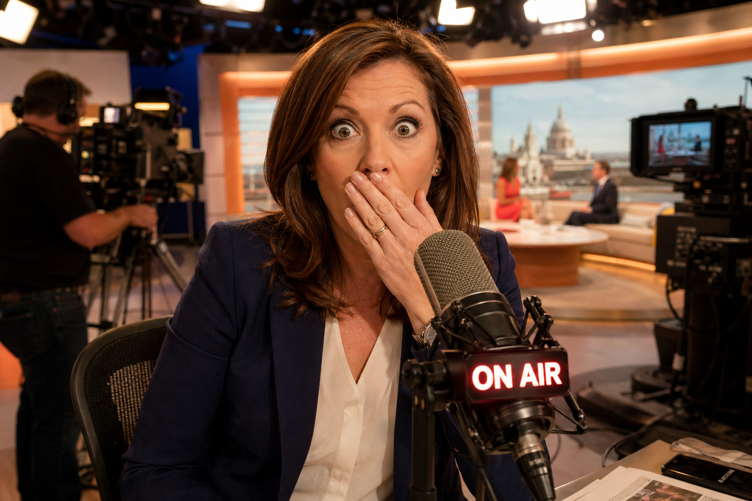 UK TV host with shocked expression in front of an ON AIR microphone